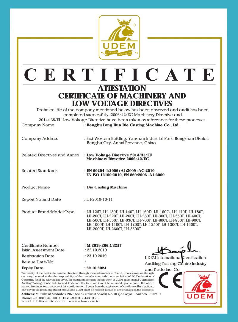 Longhua basınçlı döküm makinesi CE belgesi